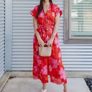 THML NWT Midi Long Dress Red Pink Floral Button Down Tie Front